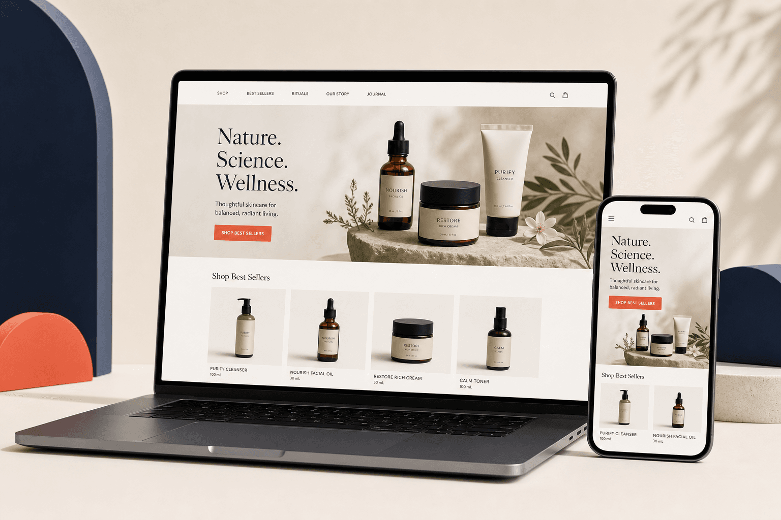 Laptop and smartphone showcasing a responsive ecommerce website design